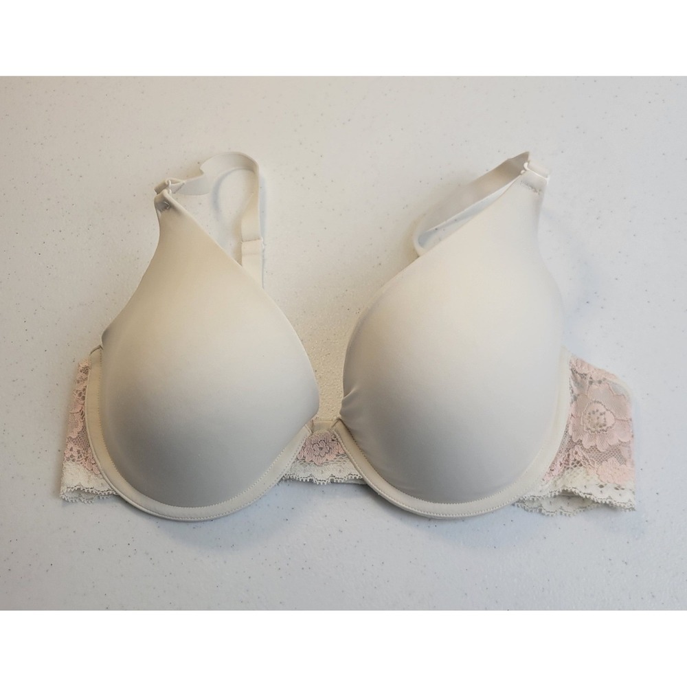 Maidenform Comfort Devotion Bra 34D Ivory‎ Pink Lace Trim T-Shirt Demi 03170F